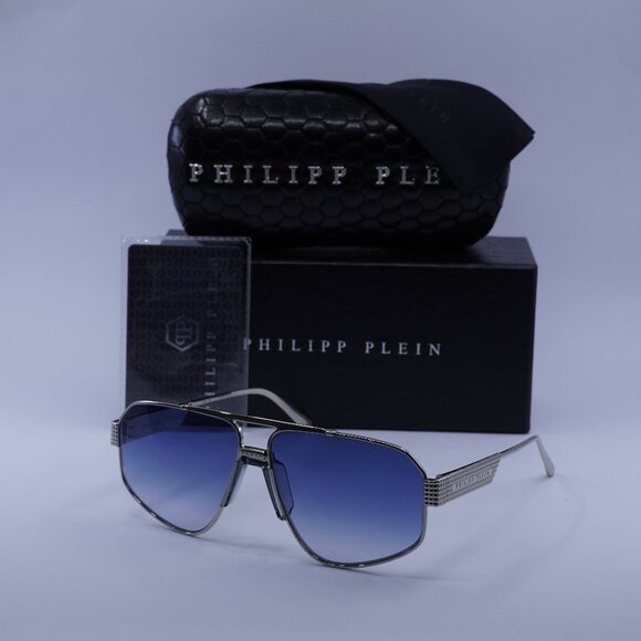 Philipp Plein SPP106M 0579 Aviator Sunglasses – Palladium/Blue - Picture 1 of 12